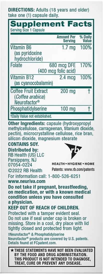 NEURIVA Plus Brain Supplement for Memory and Focus Clinically Tested Nootropics for Concentration for Mental Clarity Cognitive Enhancement Vitamins B6 B12 Phosphatidylserine 30 Capsules