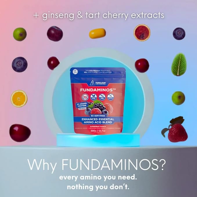 FundAminos EAA + BCAA Amino Acid Powder | Organic Vegan Plant-Based | Complete Essential Aminos for Everyday Nutrition | Optimized Protein Utilization | Refreshing Superfruits Blend - 60 Servings