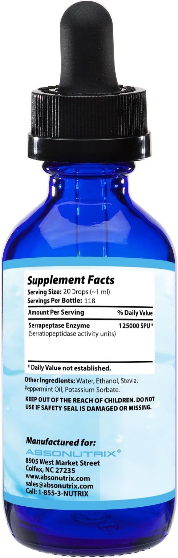 Absonutrix Serrapeptase Enzyme 583mg125000 spu 4 Oz Drops 118 Servings Made in USA Quick Absorption Quality Ingredients Third-Party Tested Non-GMO GMP Certified Cruelty Free Products