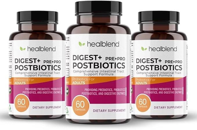 Digest + Postbiotics Supplement for Women and Men Multi Enzymes Organic Prebiotic &amp Probiotic for Digestive Health with Bromeline Papin and Lipase Non-GMO Gluten-Free 60 Vegetarian Caps (3)