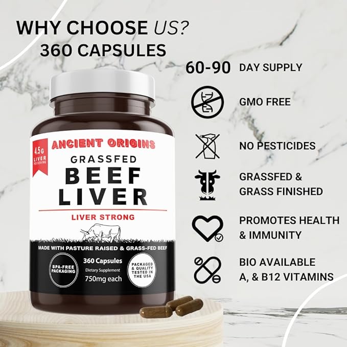 Ancient Origins Grass Fed Beef Liver Two Month Supply Supports Energy Production Cleansing Digestion Immunity and Full Body Wellness Non GMO Freeze Dried Liver Supplement 360 Capsules
