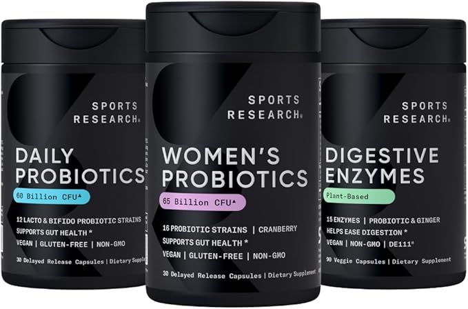 Sports Research All Vegan - Daily Probiotics with Prebiotics (60 Billion CFU) Digestive Enzymes with &amp Ginger (Plant Based) &amp Women's Probiotics with Prebiotics (65 Billion CFU)