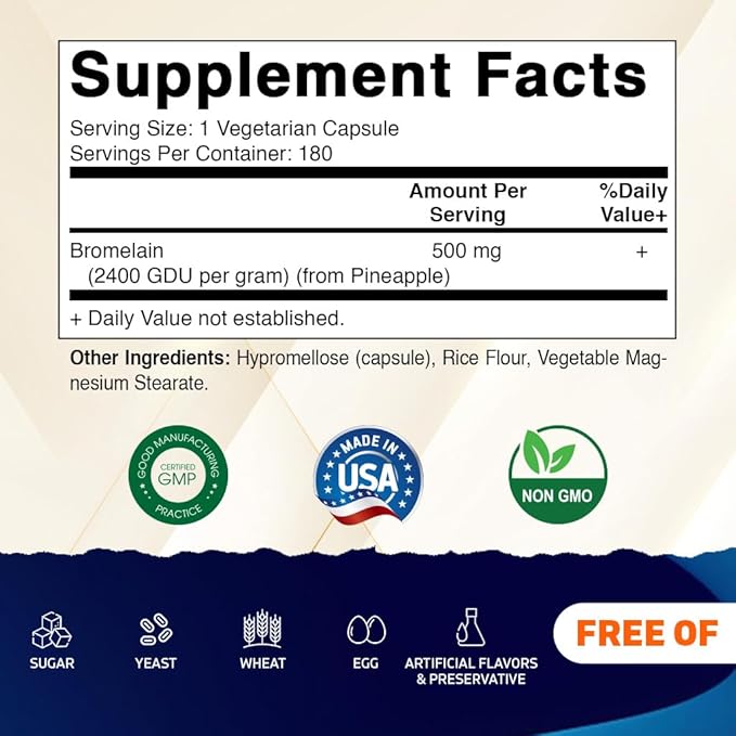 Vitamatic Bromelain Supplement 500mg – 2400 GDU/g – 180 Capsules - 2 Pack