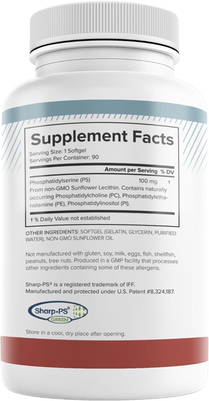 Soy Free Phosphatidylserine 100mg - Phosphatidylserine Supplement from Sunflower Lecithin Patented Sharp PS100 Brain Health Memory Aid Cortisol Control Mental Sharpness Non GMO 90 Softgels