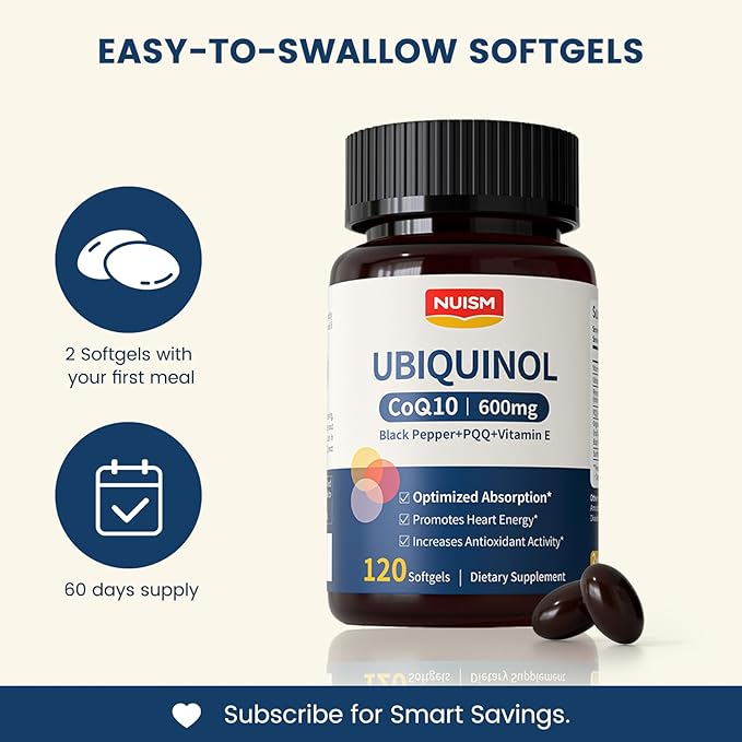 CoQ10 600mg SoftgelsUbiquinol Q10 Coenzyme SupplementCoq 10 600mg Vitamins Maximum AbsorptionAntioxidant Support for Heart Health &amp Energy
