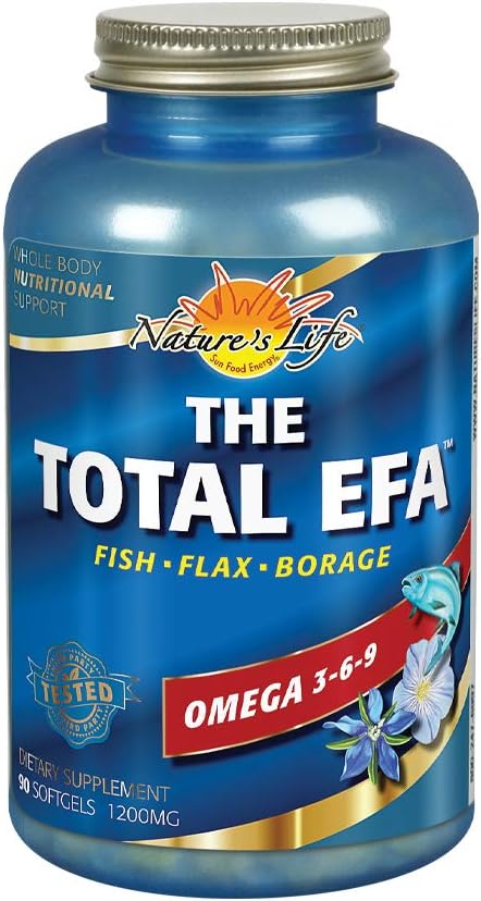 Nature's Life The Total EFA Fish Oil w/Organic Flaxseed &amp Borage Oils | 1200 mg | Skin Heart &amp Memory | 90 Softgel