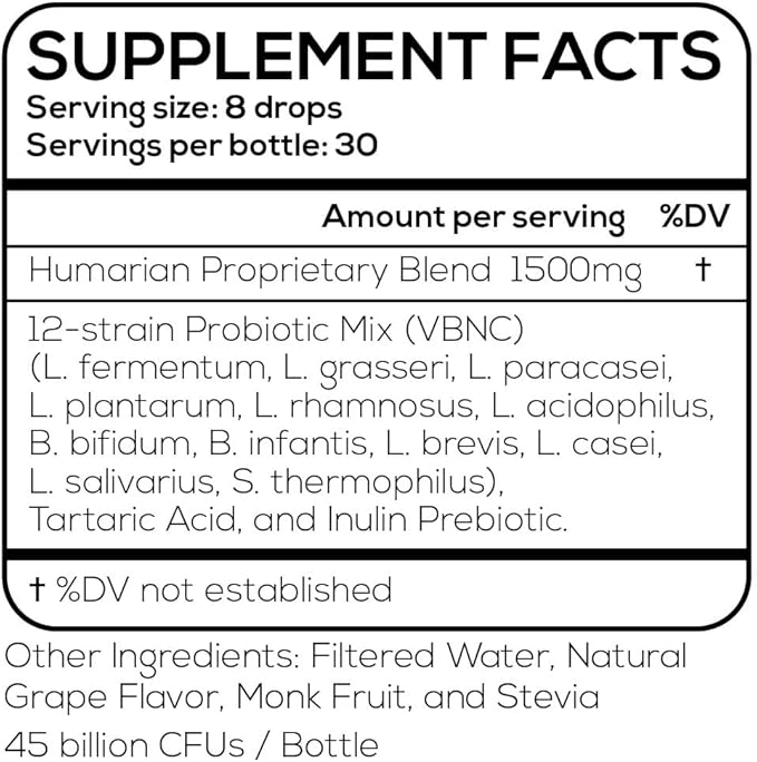 Probonix Humarian Liquid Probiotics for Women - 12-Strain Probiotic Drops to Fortify Women’s Gut Health Vaginal Health Immunity and Overall Wellness - 30-Day Supply - Delicious Grape Flavor