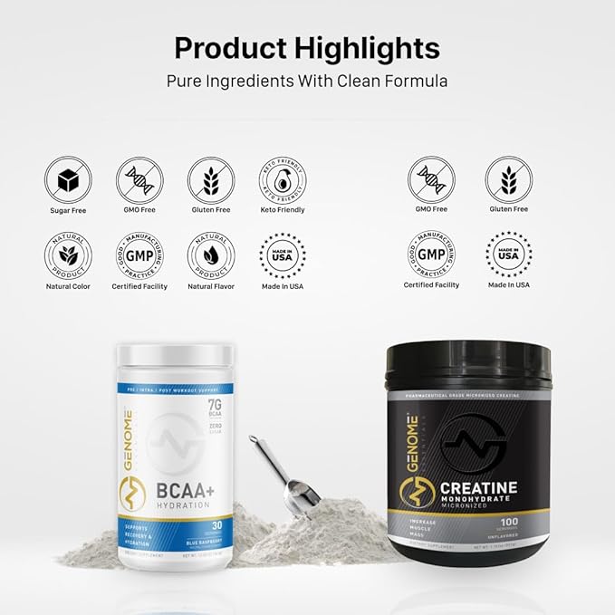 Creatine + BCAA Hydration Bundle | Muscle Growth Recovery &amp Hydration Support | 100% Pure Creatine Monohydrate + 7G BCAA &amp Electrolytes | Keto Vegan-Friendly Non-GMO Gluten-Free