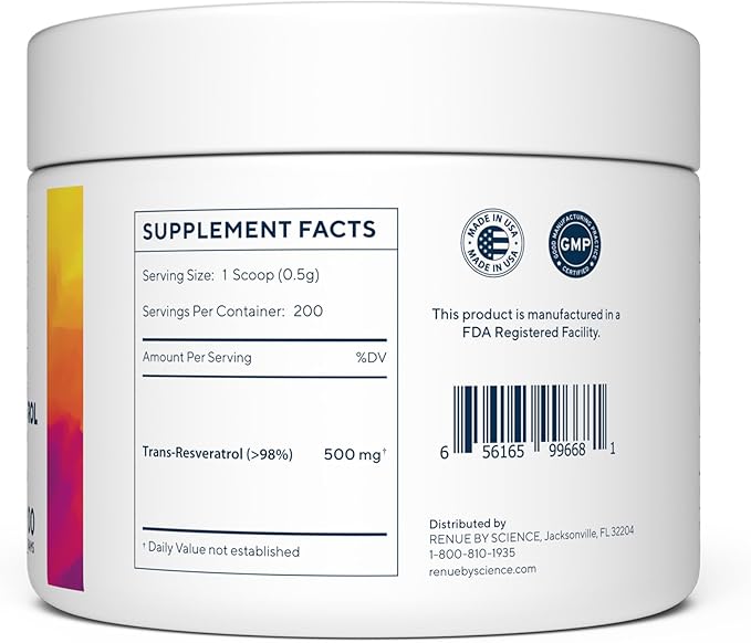 Renue By Science Resveratrol | High Strength Resveratrol Supplement | 100g Trans Resveratrol Powder | Reservatrol 200 Day Supply | Non-GMO &amp Allergen Free | Manufactured in the USA Third-Party Tes