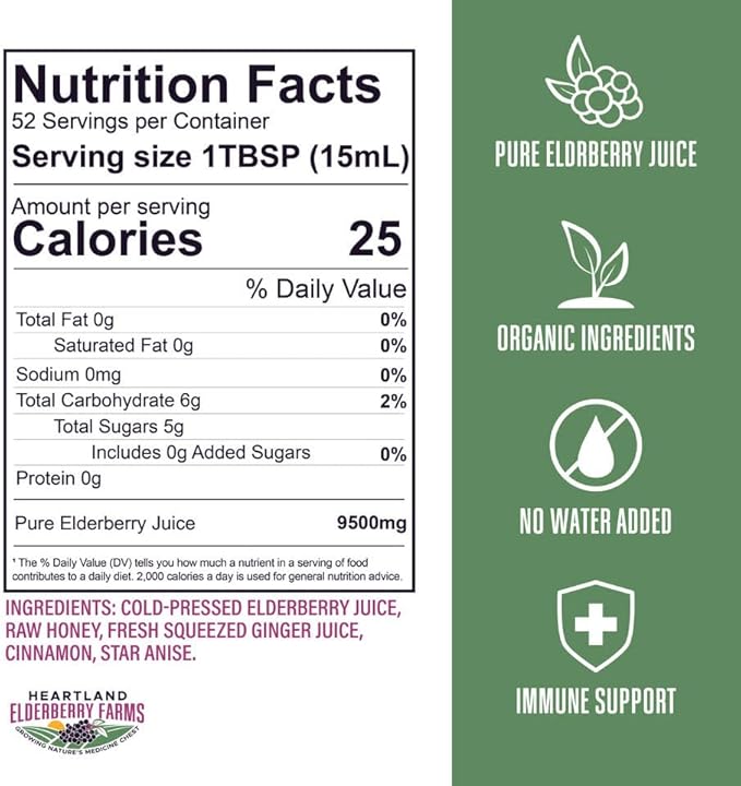 Heartland Organic Elderberry Syrup - Cold Pressed Elderberry Juice Zero Water Added - Immune Support for Kids &amp Adults - Made with Raw Honey Ginger Cinnamon &amp Star Anise - 26 fl oz (750 ml)
