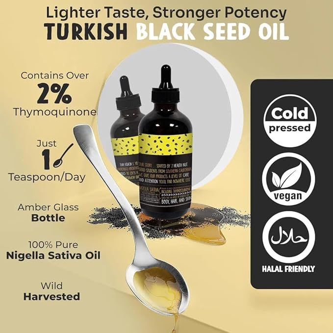 Black Seed Oil | 3 Times Thymoquinone | Cold-Pressed | Nigella Sativa - Turkish | Super Antioxidant to Support Immunity Joints Digestion Hair Skin &amp Nails | Glass Bottle | 8 oz