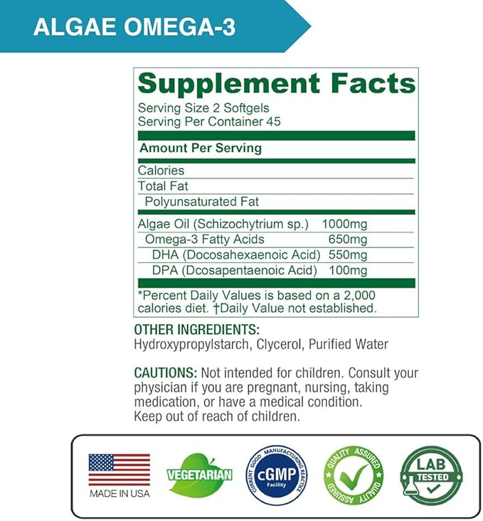 Lovita Algae Omega-3 Vegan and Plant-Based DHA &amp DPA Fish Oil Alternative 1000mg Algae Oil Support Heart and Brain Health Carrageen-Free 90 Softgels