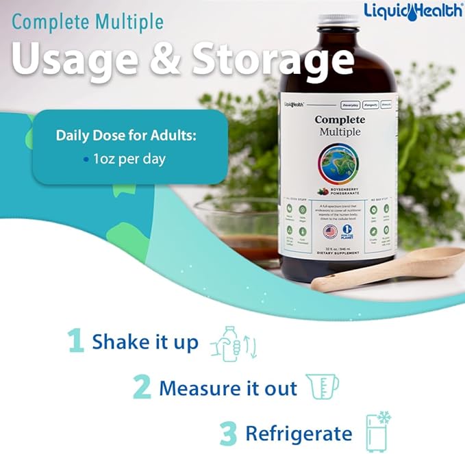 LIQUIDHEALTH Complete Multiple Adult Liquid Multivitamin - Essential Vitamins Minerals &amp Nutrients Immune Support Gut Health Energy Detox - Made in USA Vegan Non-GMO Sugar-Free (32 oz)