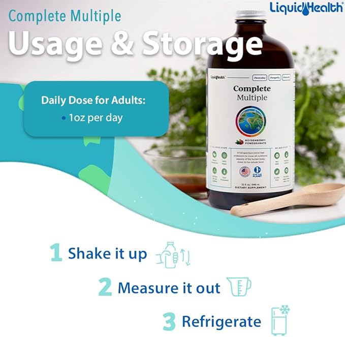 LIQUIDHEALTH Complete Multiple Adult Liquid Multivitamin - Essential Vitamins Minerals &amp Nutrients Immune Support Gut Health Energy Detox - Made in USA Vegan Non-GMO Sugar-Free (2 Pack)