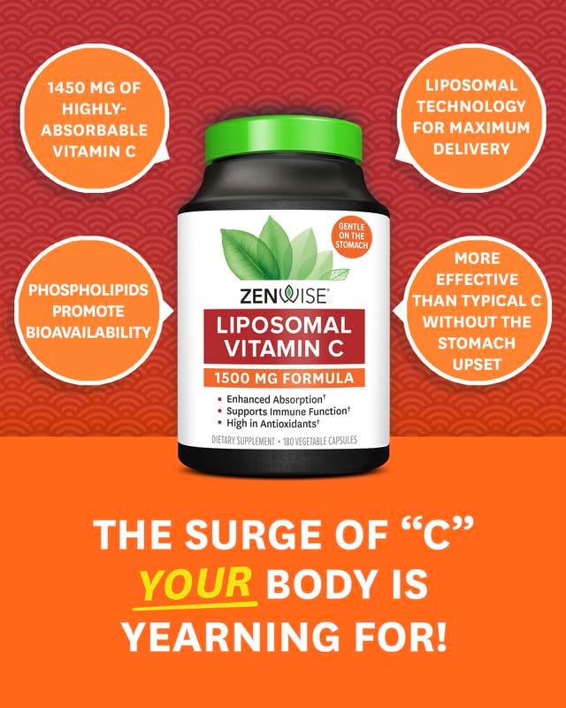 Zenwise Health Enhanced Absorption Liposomal Vitamin C Supplement - 1500mg Liposomal VIT C for Immune Support Antioxidant &amp Natural Energy Boost - Organic &amp Gluten Free - Unflavored 180 Caps