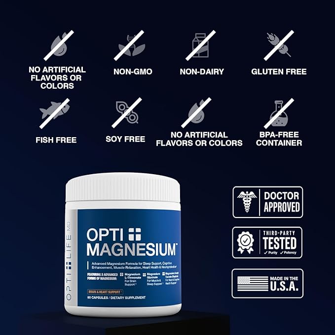 Opti + Triple Magnesium Complex Supplement | Brain Sleep Relaxation Support* | Magnesium L-Threonate Glycinate &amp Acetyl Taurate Blend | Made in USA | 90 Capsules/30 Servings