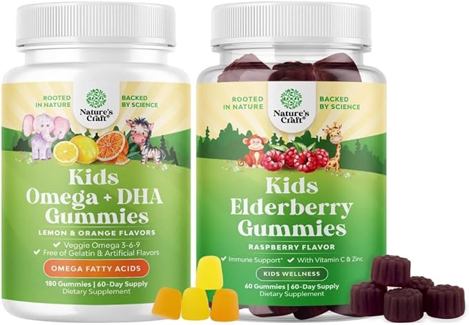 Bundle of Omega DHA Gummies for Kids - Fatty Acids Omega 3 6 9 with Vitamin C for Brain Immunity &amp Vision and Sambucus Elderberry Gummies for Kids Health with Zinc &amp Vitamin C for Immune Supp