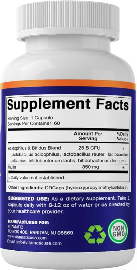 Vitamatic Acidophilus Bifidus 25 Billion DR Capsule - 60 Count - Digestive Support - Made with Prebiotic Inulin Fiber - 2 Pack (120 Count)