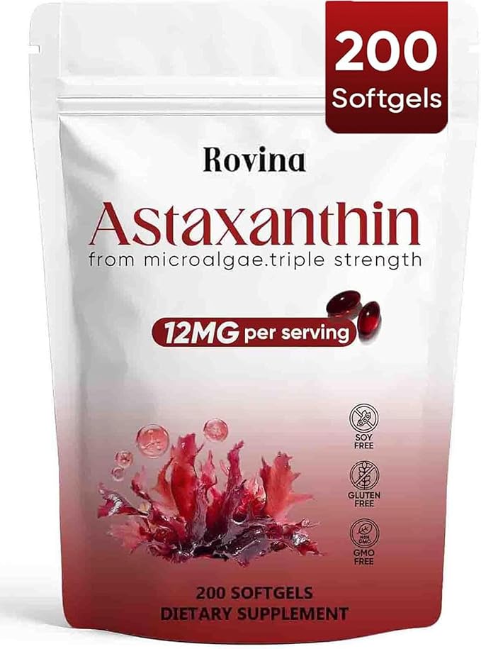 Rovina Astaxanthin 12mg Astaxanthin Antioxidant Supplements for Immune Eye Skin Supports Non-GMO &amp Gluten Free - 200 Softgels