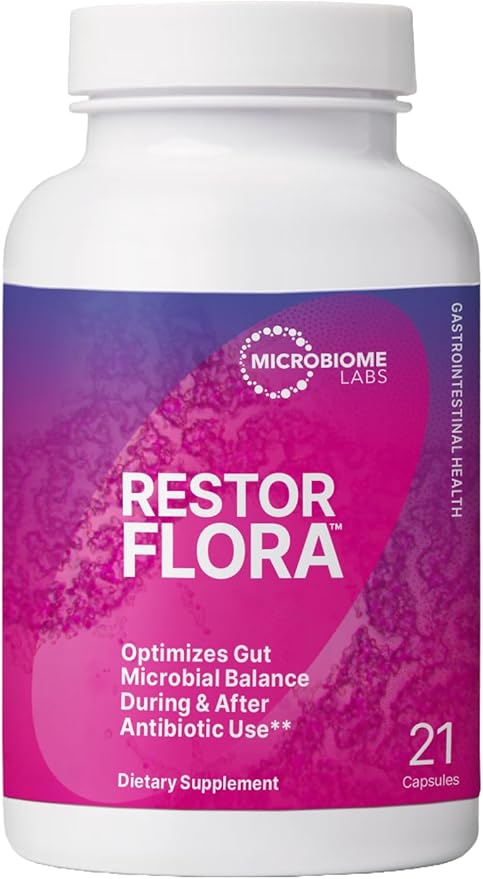 Microbiome Labs RestorFlora - Men's &amp Women's Probiotics for Digestive Health &amp Gut Reset - Spore Based Saccharomyces Boulardii Probiotics to Help Restore Microbial Balance (21 Capsules)