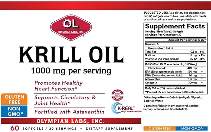 Olympian Labs Antarctic Krill Oil 1000mg Caps with Astaxanthin Omega-3 EPA DHA Immune Joint &amp Brain Support 60 Softgels