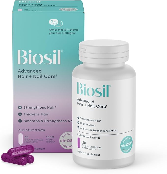 Biosil Advanced Hair + Nail Care - 30 Capsules - Grow Strengthen &amp Thicken Hair and Nails - with Patented ch-OSA &amp Biotin - 15-Day Supply