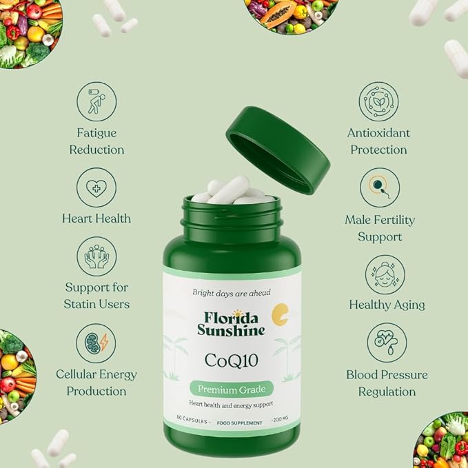 Florida Sunshine Premium CoQ10 200mg 60 Capsules | Heart Health Support | Energy Production | Antioxidant Coenzyme Q10 | Supplement
