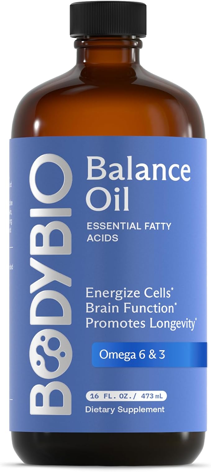 BodyBio Balance Oil - Vegan Omega 3 6 Supplement – Cold-Pressed Safflower &amp Flaxseed Oil – Supports Brain Function Healthy Skin and Mood