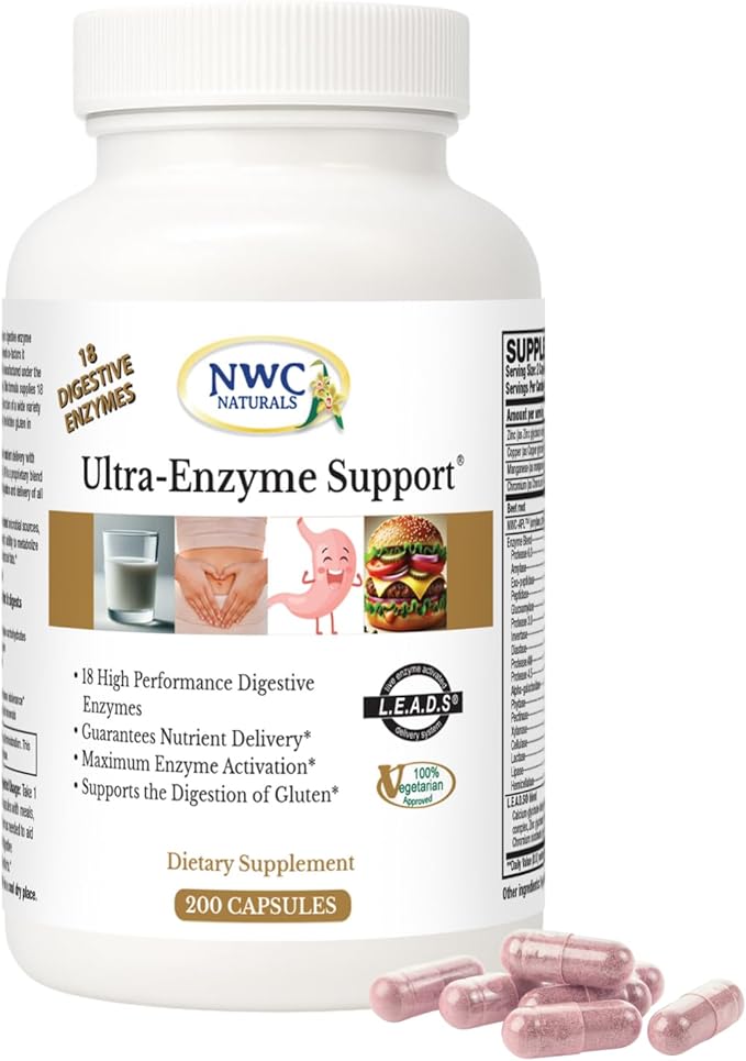 NWC Naturals Ultra-Enzyme Support Natural Digestive Supplement Promotes Optimal Health and Digestion 200 count Capsules