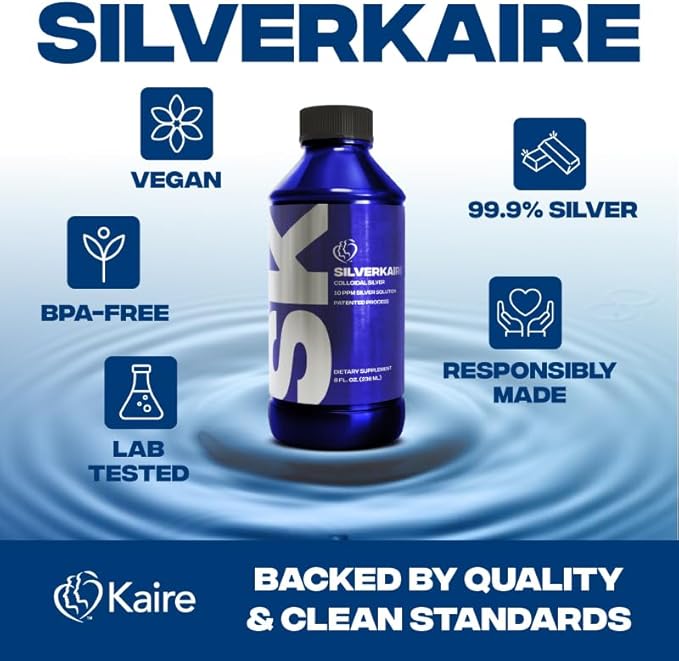 SilverKaire Colloidal Silver Liquid 10PPM – Nano Silver Suspension with 99.9% Pure Silver in Deionized Water – Made with an Electromagnetic Process – for General Use