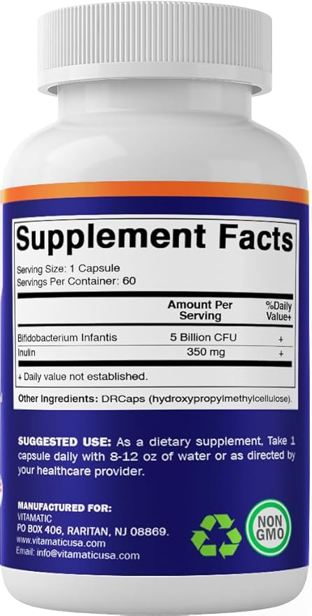 Vitamatic Bifidobacterium Infantis - 5 Billion per DR Capsule - 60 Count - Digestive Support - Made with Prebiotic Inulin Fiber - 2 Pack