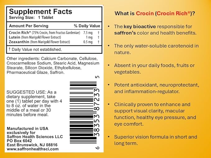 Crocin Eye Health Supplement | Supports Eye Pressure Vision &amp Macular Health | Crocin Rich with Lutein &amp Zeaxanthin (60 Tablets)