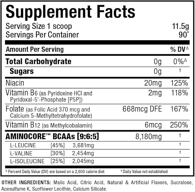 ALLMAX AMINOCORE BCAA Powder for Workout Muscle Recovery &amp Increased Endurance - Sugar Free No Fillers 8.18 Grams Bcaas Amino Acids B Vitamins for Women and Men- 90 Servings | White Grape 1035g