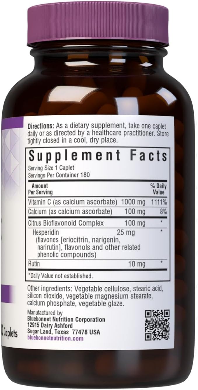 Bluebonnet Nutrition Buffered Vitamin C1000 mg Caplets Buffered Calcium Ascorbate for Immune Health Soy Free Gluten Free NonGMO Kosher Dairy Free Vegan Caplets White Citrus 180 Count