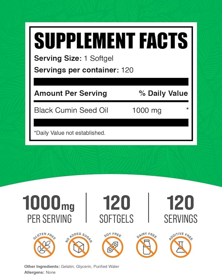 BulkSupplements.com Black Cumin Seed Oil Softgels - Black Cumin Seed Oil 1000mg - Gluten Free 1 Softgel per Serving 120 Count (Pack of 1)
