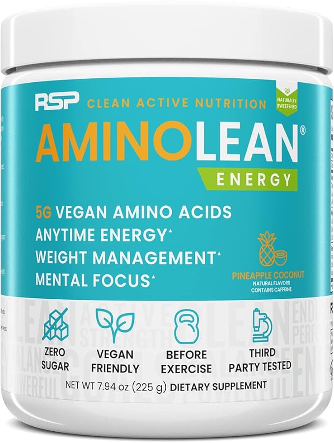 RSP Vegan AminoLean – All-in-One Natural Pre Workout Amino Energy Weight Management with BCAAs Complete Vegan Preworkout Powder Pineapple Coconut