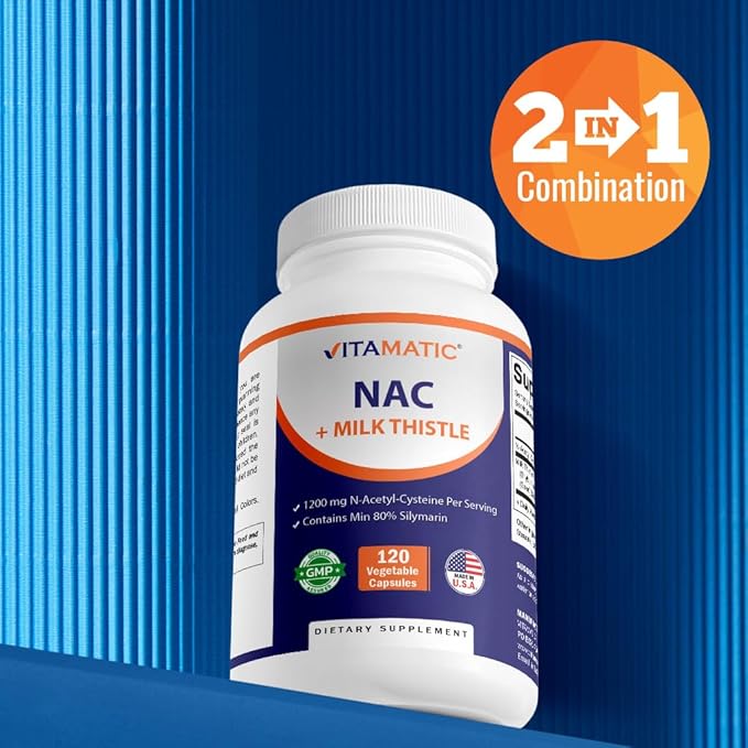 Vitamatic NAC Supplement N-Acetyl-L-Cysteine (NAC) with Milk Thistle 50:1 Extract - Supports Immune Respiratory Liver Health 1200 mg per Serving 120 Veg Capsules - 2 Pack