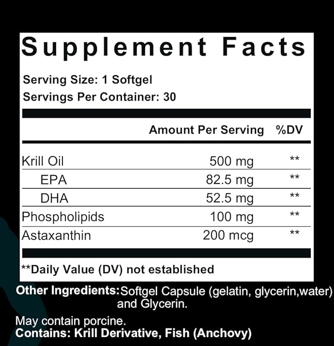 Krill Oil Softgels 500mg | Heart &amp Brain Support | Non-GMO 82.5mg EPA/DHA 200mg Astaxanthin Omega-3 Supplement