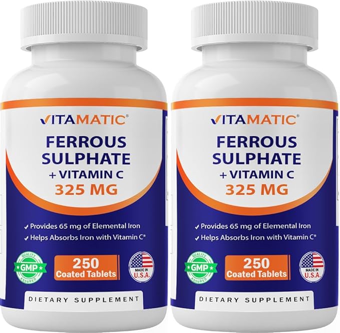 Vitamatic Ferrous Sulfate 325 mg with Vitamin C 100 mg (65 mg Elemental Iron) – High Potency Iron Supplement – No Artificial Colors – 250 Coated Tablets Made in USA - 2 Pack