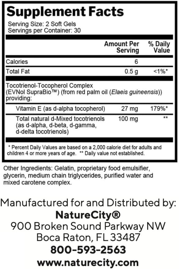 NatureCity True-E Full Spectrum Tocotrienols Vitamin E &amp Natural Alpha Tocopherol Supplement | Sustainable Tocotrienols from Evnol Suprabio | Non-GMO Vitamin E Complex | 120 Soft gels