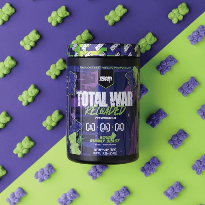 REDCON1 Total War Reloaded Pre Workout Sour Gummy Bear - Creatine Beta Alanine + L-Citrulline Malate Keto Friendly for Men &amp Women with 350mg of Caffeine - Fast Acting (30 Servings)