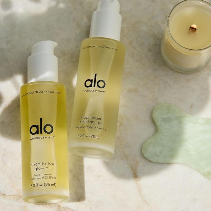 Alo Restful Radiance Set | Magnesium Reset Spray + Head-to-Toe Glow Oil | Calming &amp Hydrating Duo for Stress Relief &amp Radiant Skin | Magnesium Arnica &amp Vitamin E | Made in USA - 3.2 oz (P