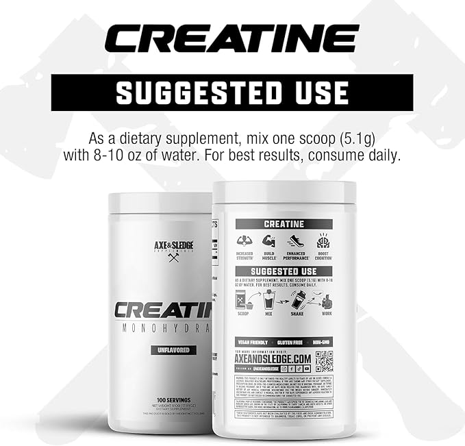Axe &amp Sledge Basics Creatine | Unflavored Enhances Strength &amp Performance Increases Lean Body Mass 50 Servings | Pure Creatine Monohydrate No Fillers or Artificial Substances | 100 Serving