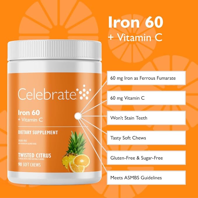 Celebrate Vitamins Iron Supplement with 60mg Iron &amp Vitamin C – Citrus Chewables for Bariatric Patients Gastric Bypass &amp Sleeve Gastrectomy Support – 30 Tablets for Post-Surgery Health Mainte