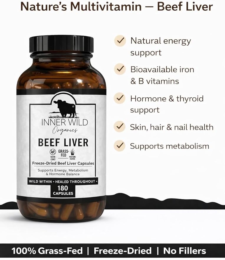 Beef Liver – Grass-Fed &amp Finished Beef Liver Capsules Freeze-Dried Whole Food Supplement Non-GMO HPP Purification 180 Capsules