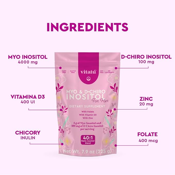 Vitatú | Myo Inositol (4g) &amp D-Chiro Inositol (1g) Ideal Mix 40:1 | Duration 45 Days | with Folic Acid + Vitamin D3 + Zinc Powdered Dietary Supplement for Women (225 g)