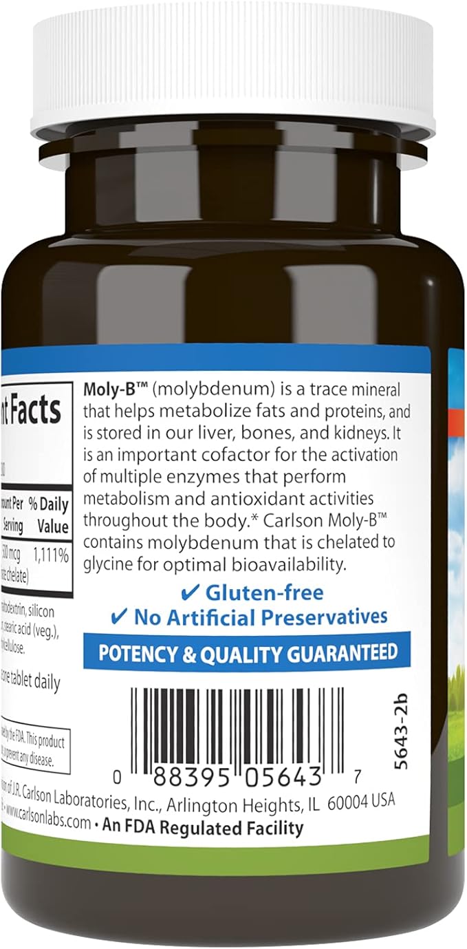 Carlson - Moly-B Chelated Molybdenum Supplements Metabolism Support &amp Enzyme Activation Molybdenum Glycinate Chelate 300 Vegetarian Tablets