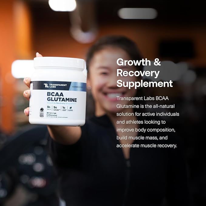Transparent Labs BCAA Glutamine - 8000 Mg of BCAA Powder with L Glutamine for Post Workout Recovery Muscle Growth &amp Increased Endurance - 30 Servings Strawberry Lemonade