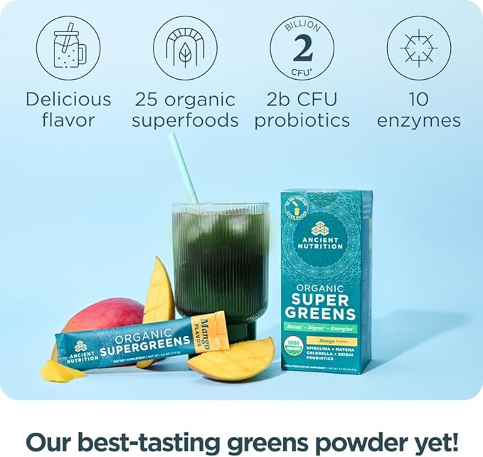 Ancient Nutrition SuperGreens Powder with Probiotics Organic Mango Flavor Greens Made from Real Fruits Vegetables and Herbs Digestive and Energy Support 16 Stick Packs 4.3oz