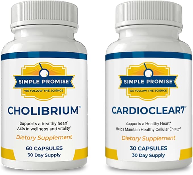 Simple Promise Heart &amp Cholesterol Support Bundle - Supports Heart Health &amp Energy - Cholibrium &amp CardioClear 7 for Circulation &amp Cellular Energy - 90 Capsules